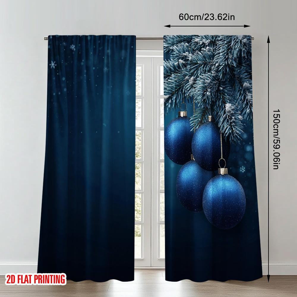 2pcs 2D flat printing Happy Christmas Scene Curtains Christmas Ornament Blue Bauble Digital Printed Polyester Drapes Festive