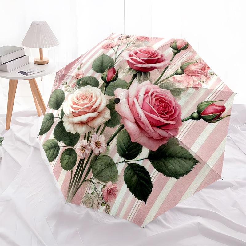 1pc Pink Roses Vintage Background Umbrella with Plastic Handle,Compact & Stylish,Suitable for All Seasons ptys26085