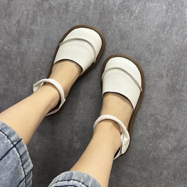 2025 summer new white flat bottom round head soft bottom bag head word with Velcro literary casual sandals women