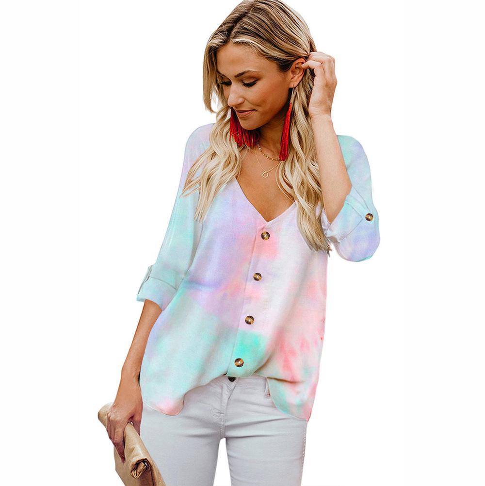 Women's Fashion Plus Size Autumn Tie Dye Button Loose Tops T Shirts Long Sleeve V Neck Casual Blouses