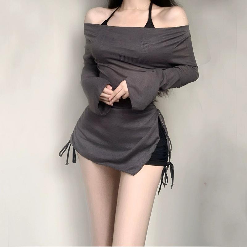 Long Sleeve Blouse Black Neck Flat Angle High Waist Split Swimsuit Women's Three-piece Hot Spring Small Breast Belly Cover Holiday Seaside