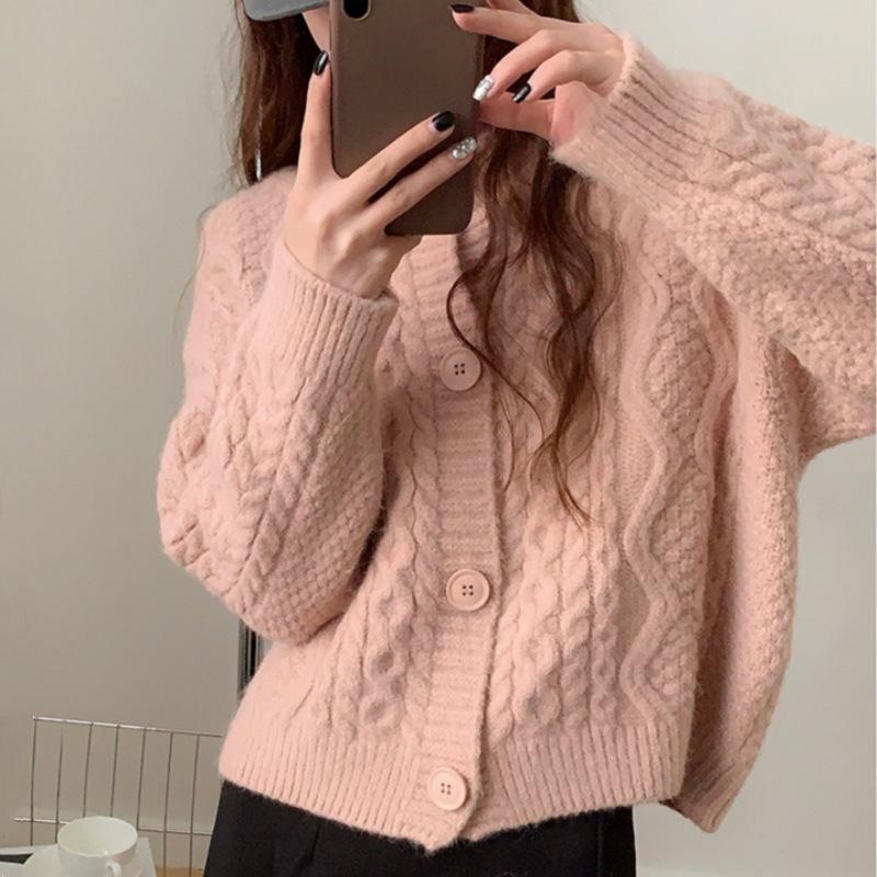 Korean Style Lazy Twist Knit Cardigan Short Round Neck Sweater Coat