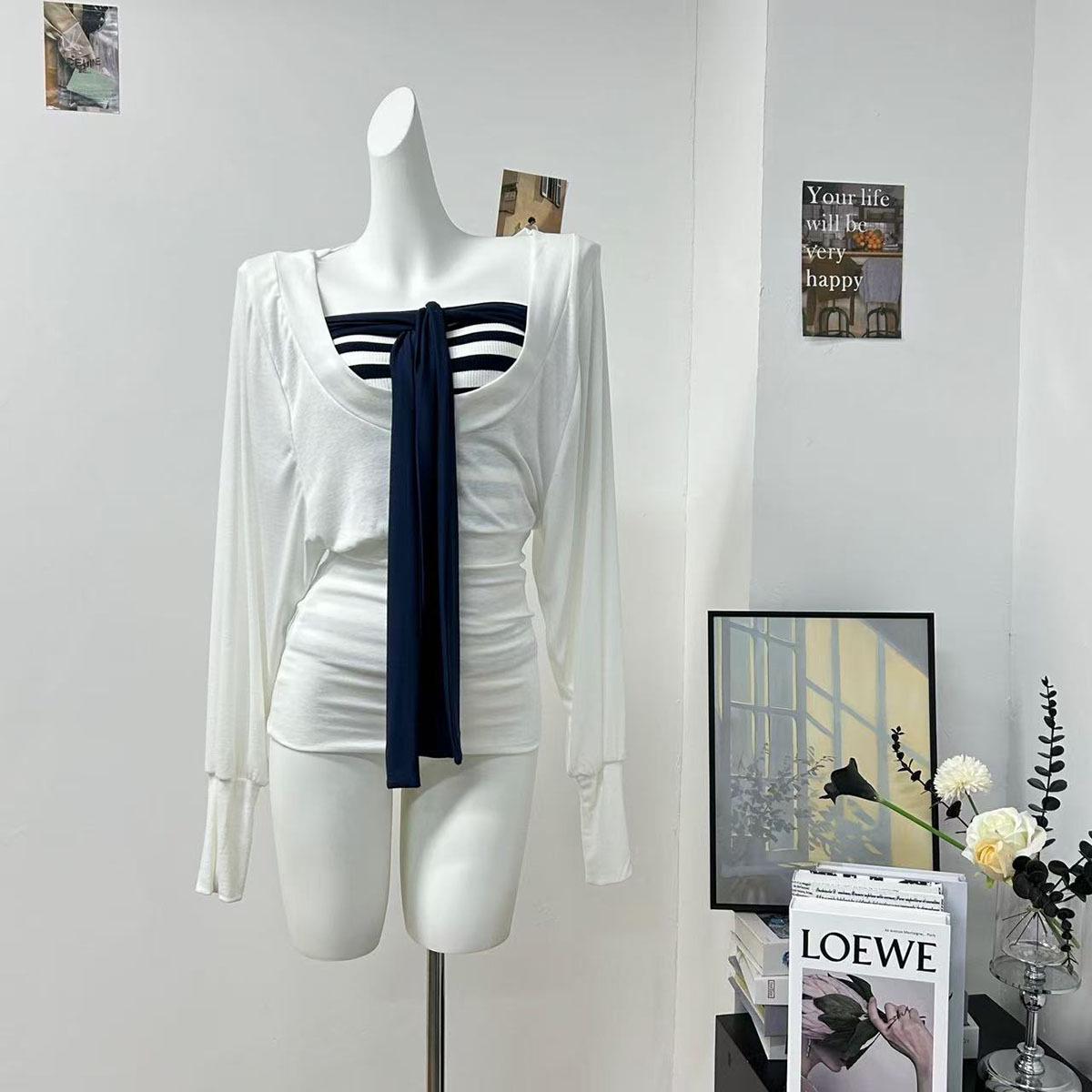 

Autumn Striped Lace-Up Bandeau Tank & Layered Long-Sleeve Top Set for Women L