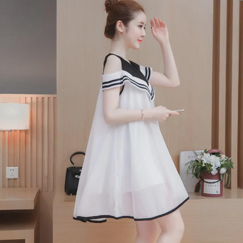 New Arrival: Large Size Off-Shoulder Chiffon Dress for Pregnant Women - Korean Style, Mid-Length, Short-Sleeved, Perfect for Spring & Summer