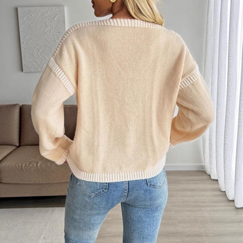 Casual Knitted Cardigan 2025 Autumn New Contrast Color Sweater Jacket for Women