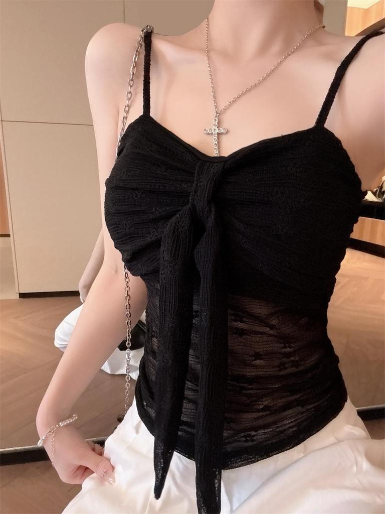 Sexy Lace Bandeau Tank Top - Women's Summer 2026 Style, Slightly See-Through, Bow Tie & Lace-Up Design