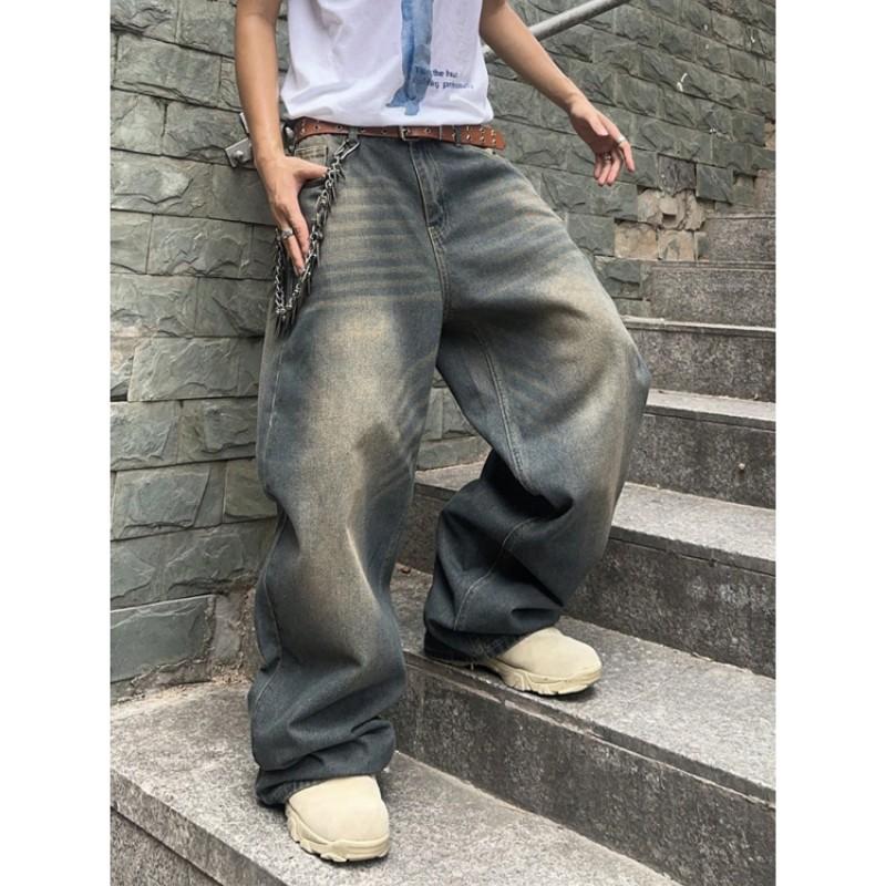 Men's Spring/Fall Relaxed-Fit, Slimming, High-Waisted, Distressed Vintage Jeans: Youthful, Unique Design, Wide-Leg Pants