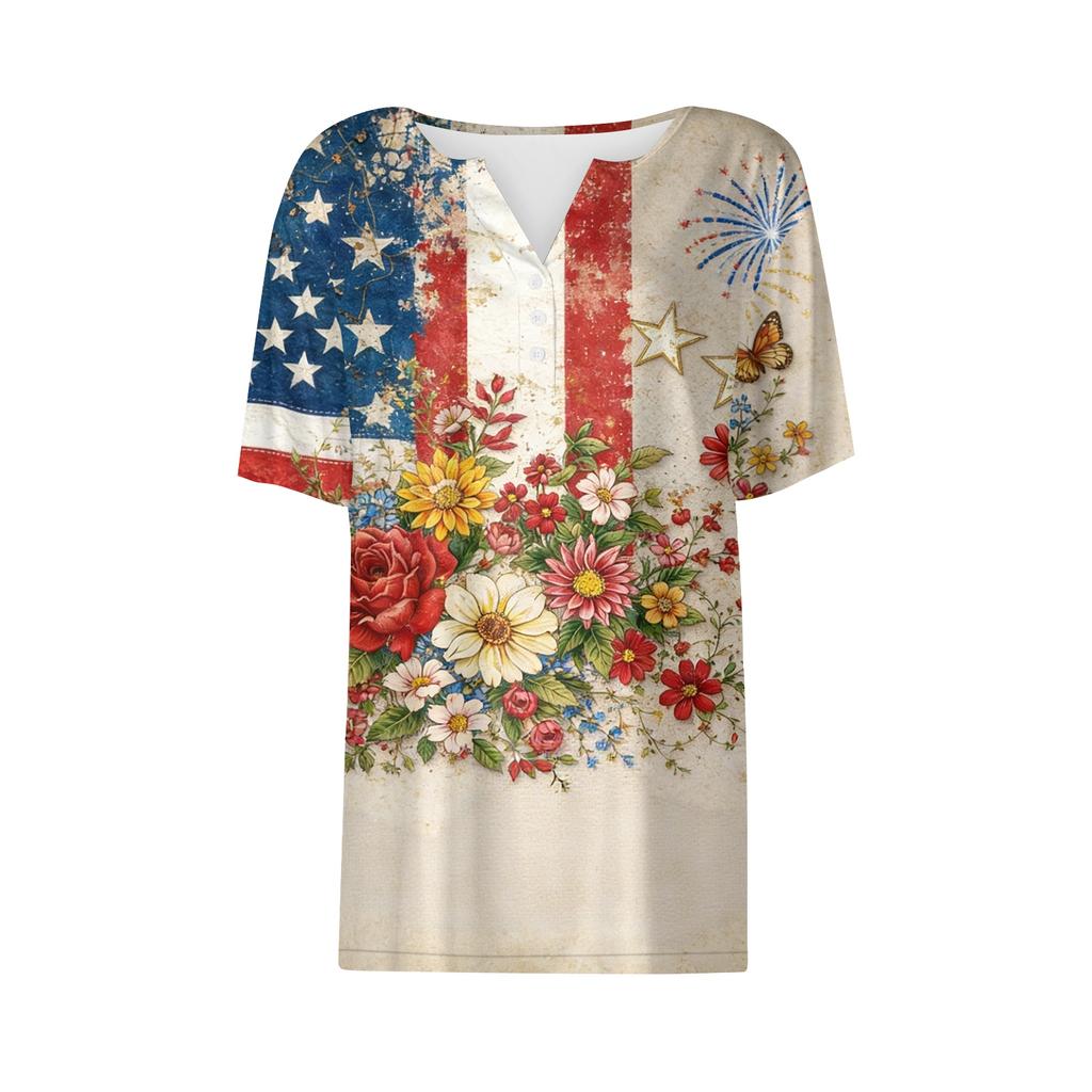 Women's fashionable casual short-sleeved Independence Day print V-neck top