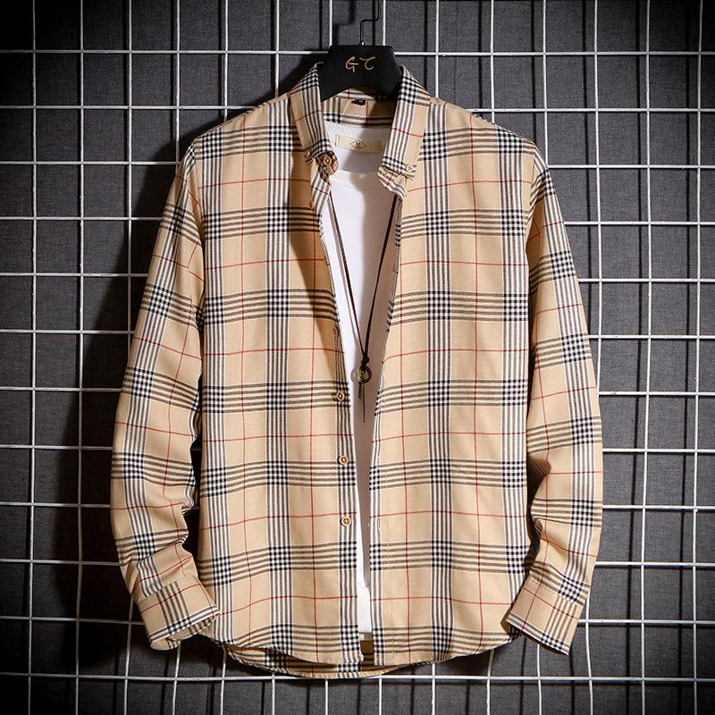 Men Fashion Plaid Long Sleeve Loose Casual Stand Collar Shirt