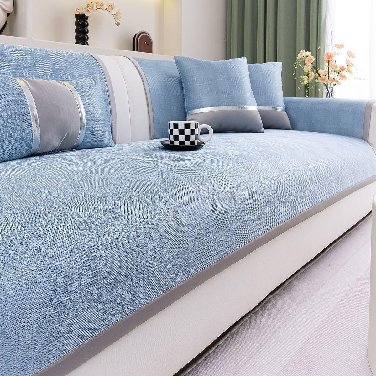 

Summer Ice Silk Sofa Cushion Solid Color High-End Breathable Sofa Cool Cushion Fixed Non-Slip And Dustproof Machine Washable Mat 70*70cm