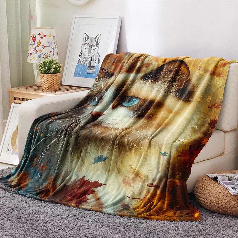 Maple Leaf Cat  Print Flannel Blanket, High quality Comfortable for All Seasons, Home Decor, Warmth and Comfort