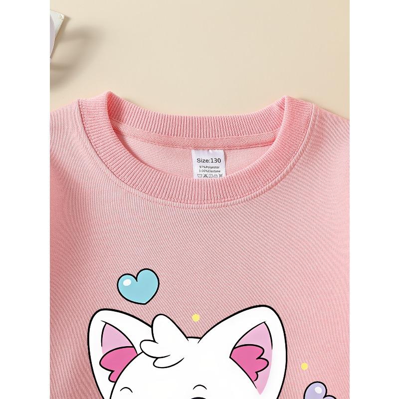 Kids Sweatshirt, Crew Neck Fashion Top, Fun"Cute Cat Drink Love "patterned Sweatshirt, Suitable for Everyday Casual Wear