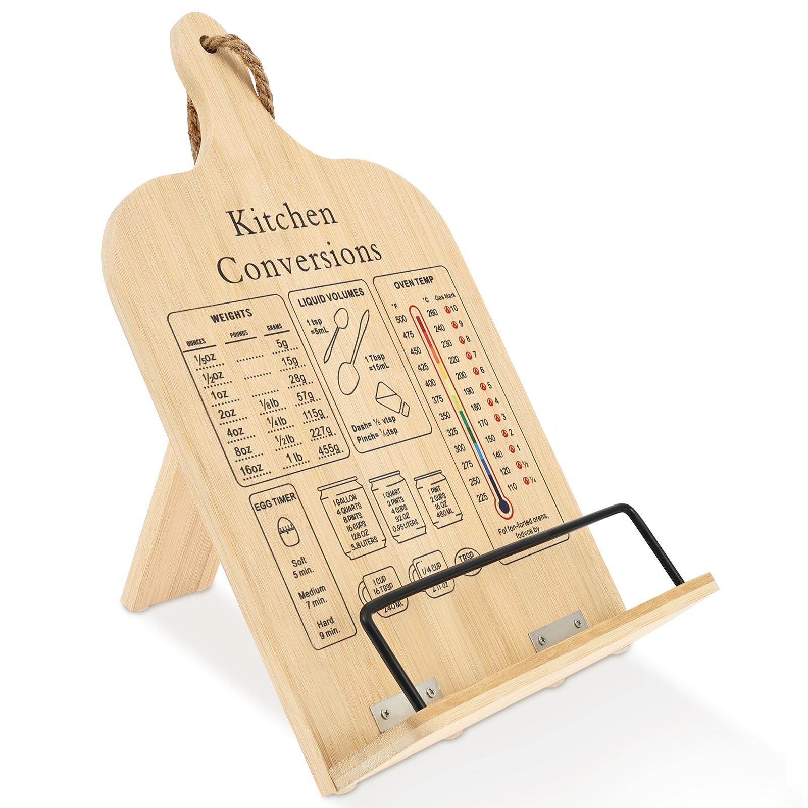 Wood Cookbook Stand with Measurement Conversion Chart Kitchen Desktop Foldable Recipe Book Display Storage Holder