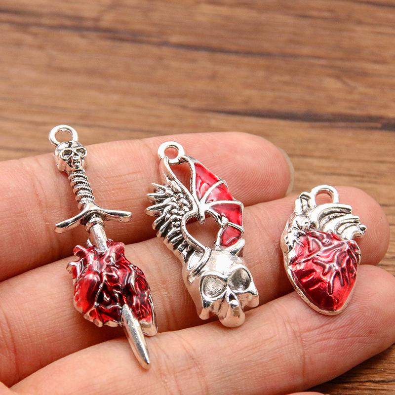 10Pcs Mix Size Alloy Metal Drop Oil Hollow Heart Skull Charm Red Color Pendant For Enamel DIY Bracelet Necklace Jewelry Making