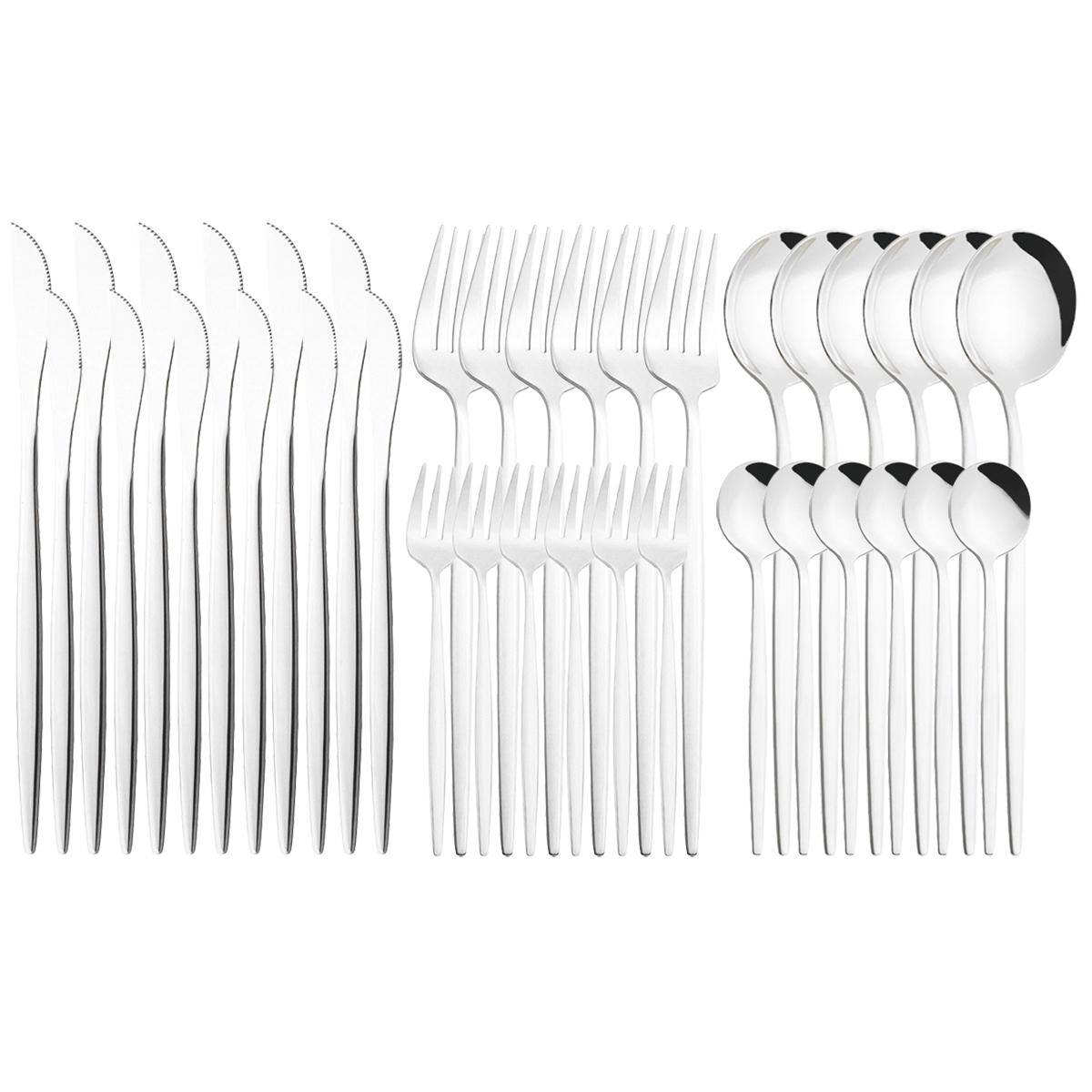 

36 шт., набор столовых приборов из черного золота, зеркальное серебро, столовая посуда из нержавеющей стали, десертный нож, вилка для торта, ложка, столовые приборы, столовые приборы, кухонные свадебные аксессуары серебряный