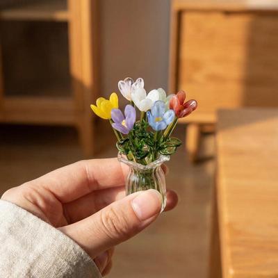 1set Mini Lifelike Glass Flowers Simulation Floral Bouquet With Vase Handcrafted Home Decoration Gift