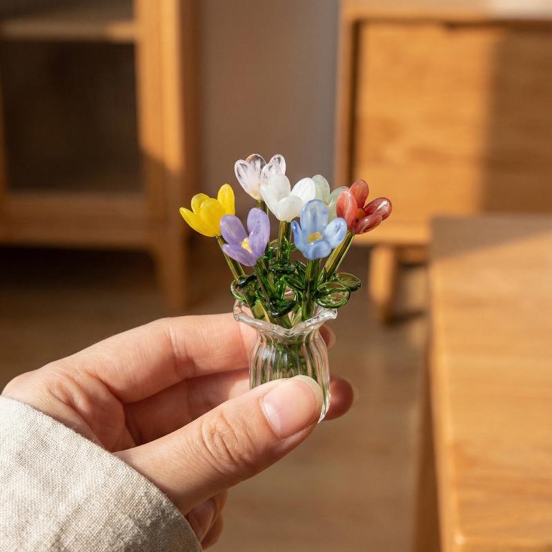 1set Mini Lifelike Glass Flowers Simulation Floral Bouquet With Vase Handcrafted Home Decoration Gift