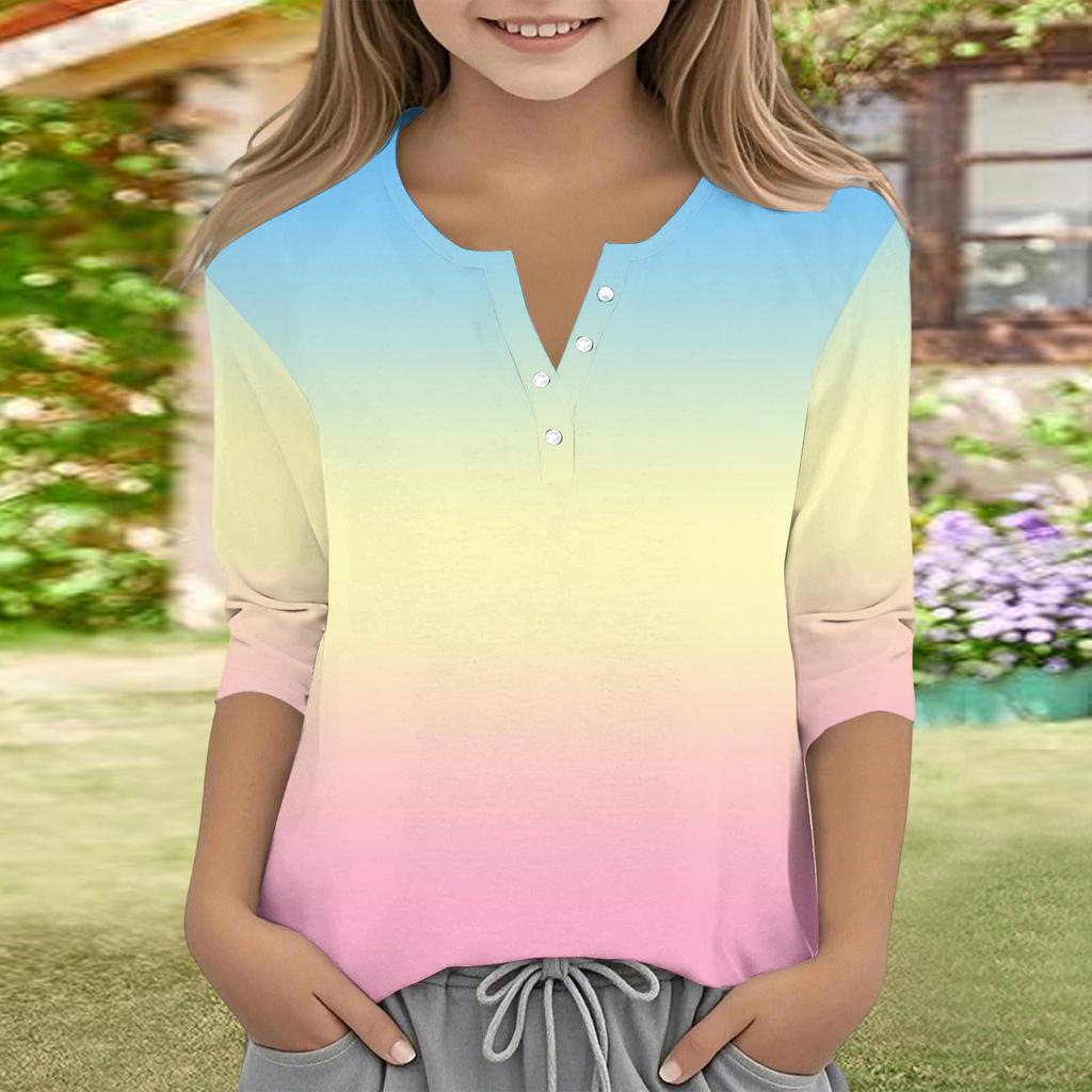 Print Tops For Youth Girls V Neck Button 3/4 Sleeves T-Shirts Trendy Tops Outfit Tees