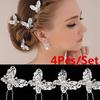 4pcs Bridal Butterfly Pearl Hair Fork Jewelry Golden Silver Red White Wedding Dress Costume Headdress U-shaped Accessories