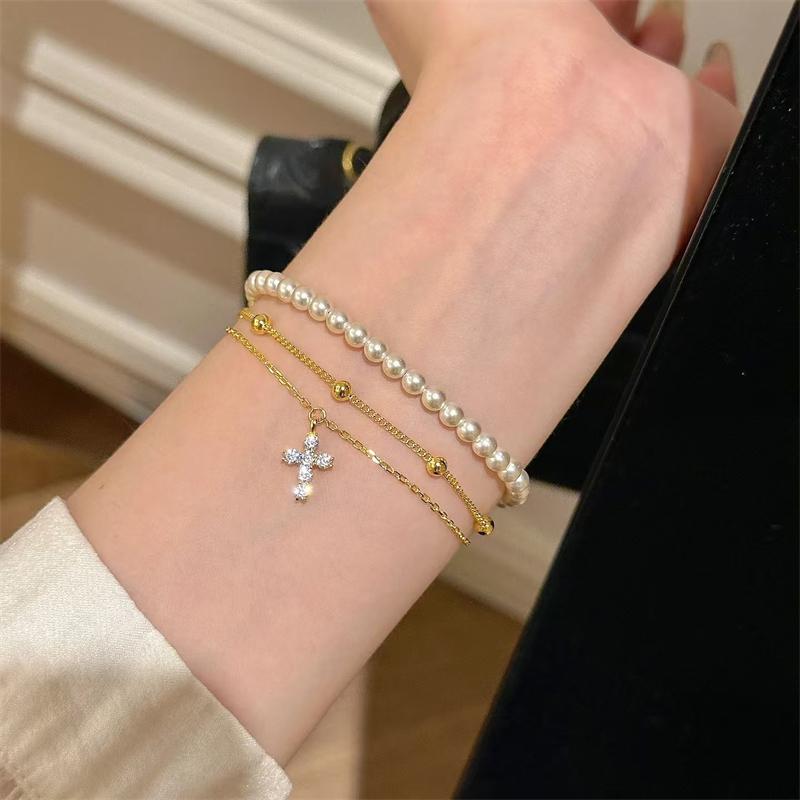 Fashion Gold Color Double Layers Crystal Cross Copper Chain Bracelet For Women Girls Adjustable Charm Bracelet Jewelry Gifts
