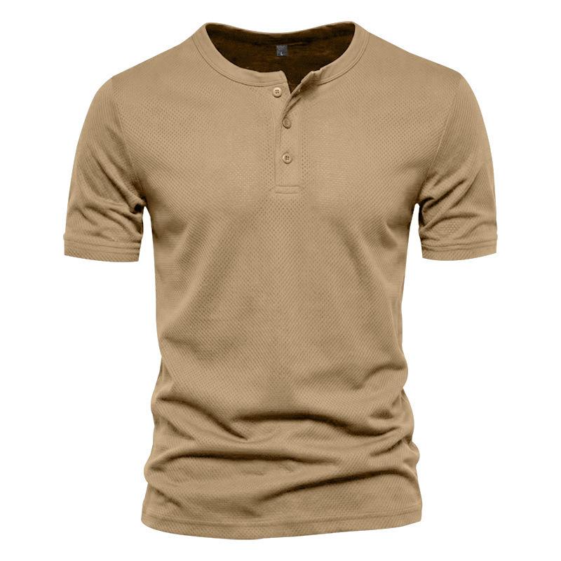 Men’s Summer Quick-Dry Mesh Henry-Neck T-Shirt – Casual Plain Short-Sleeved
