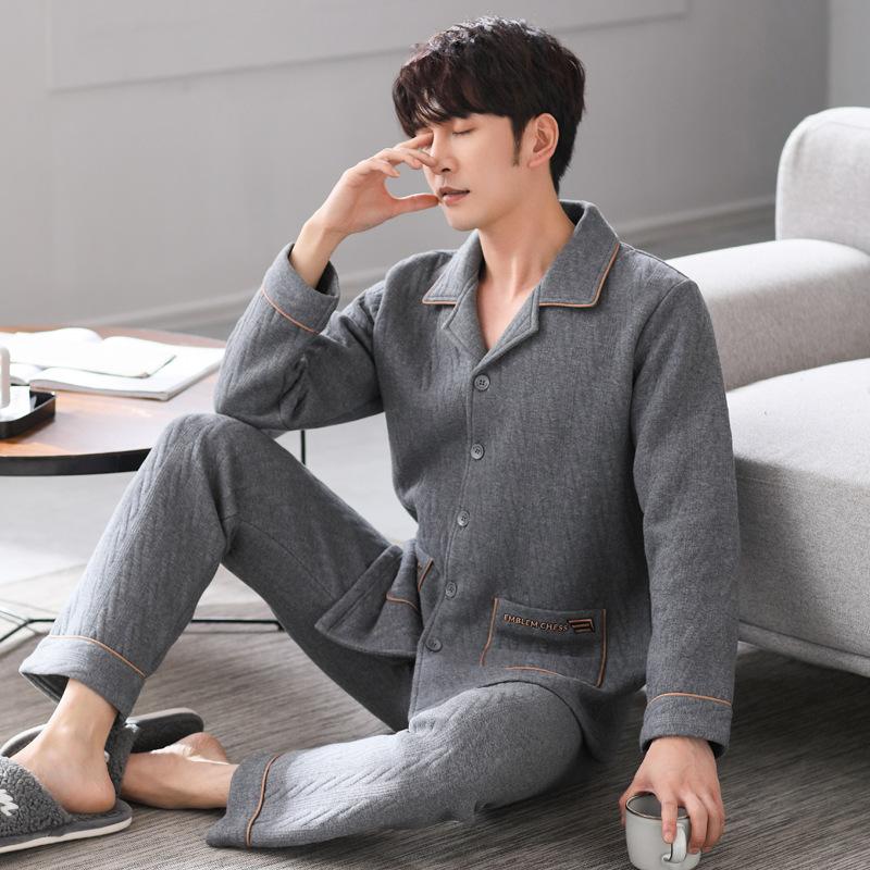 Herren Pyjama Frühling und Herbst Verdickt Reine Baumwolle Langärmlig Loungewear Herbst und Winter Dünn Winter Gepolstert Luftbaumwolle Zwischenschicht