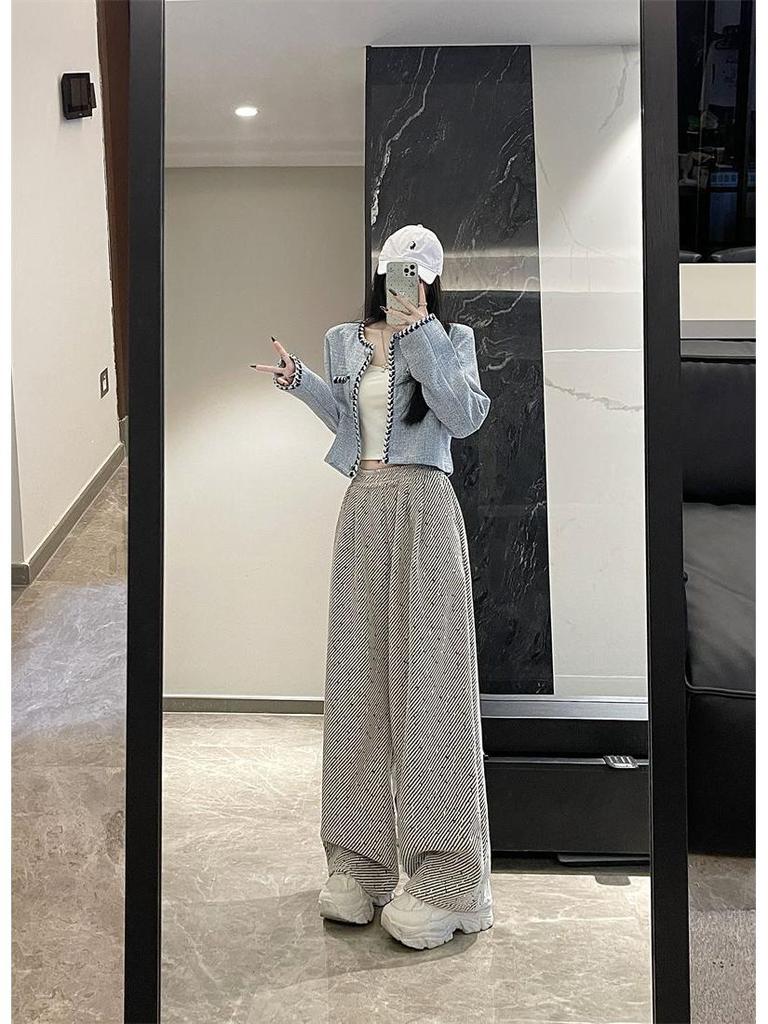 Women's 2024 Autumn/Winter Fleece-Lined Wide-Leg Striped Pants
