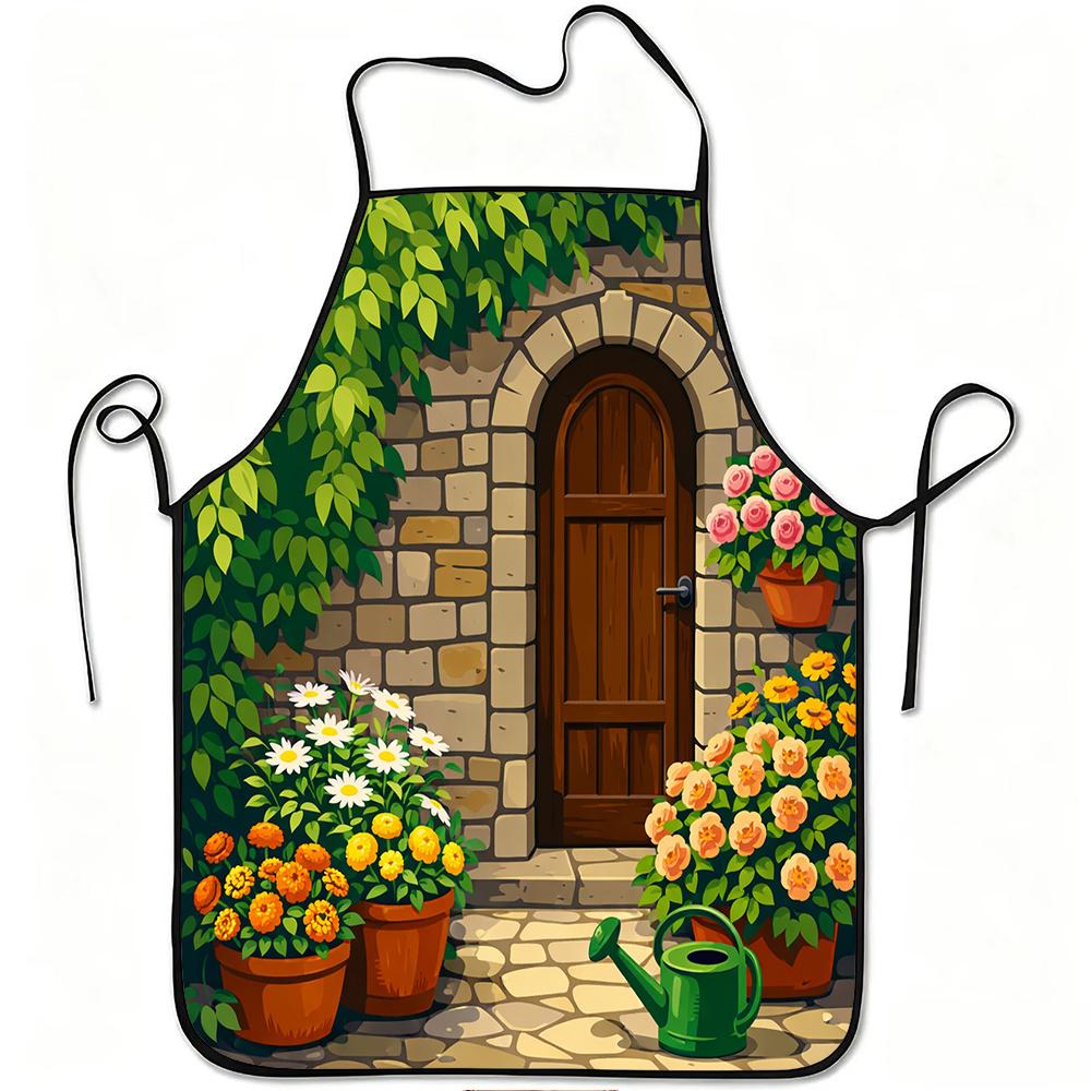 1pc Flower Garden Door Print Apron, Durable And Easy to Clean, Adjustable Waistband, Polyester Material, for Kitchen Cooking, Gardening, Orchard Picki