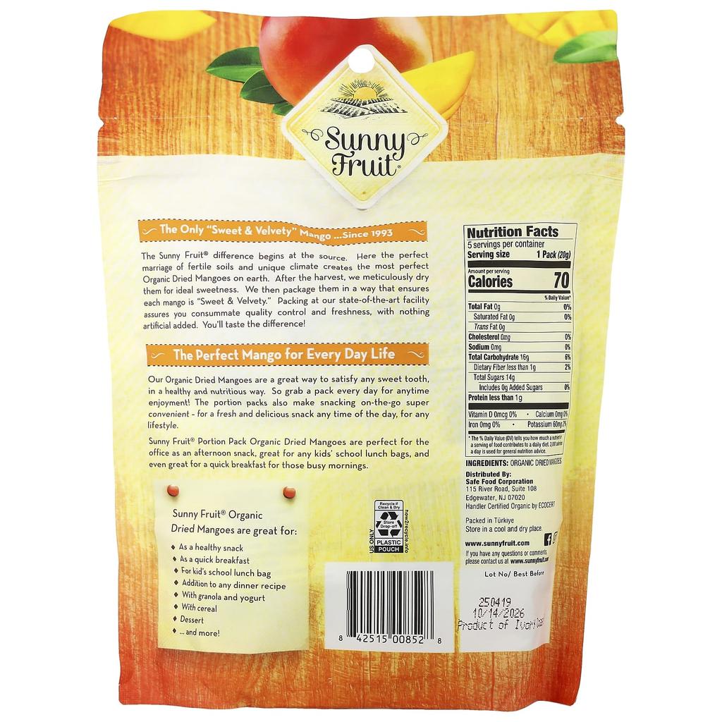 Sunny Fruit, Organic Dried Mango, 5-Serving Pack, 20g (0.7oz) Each