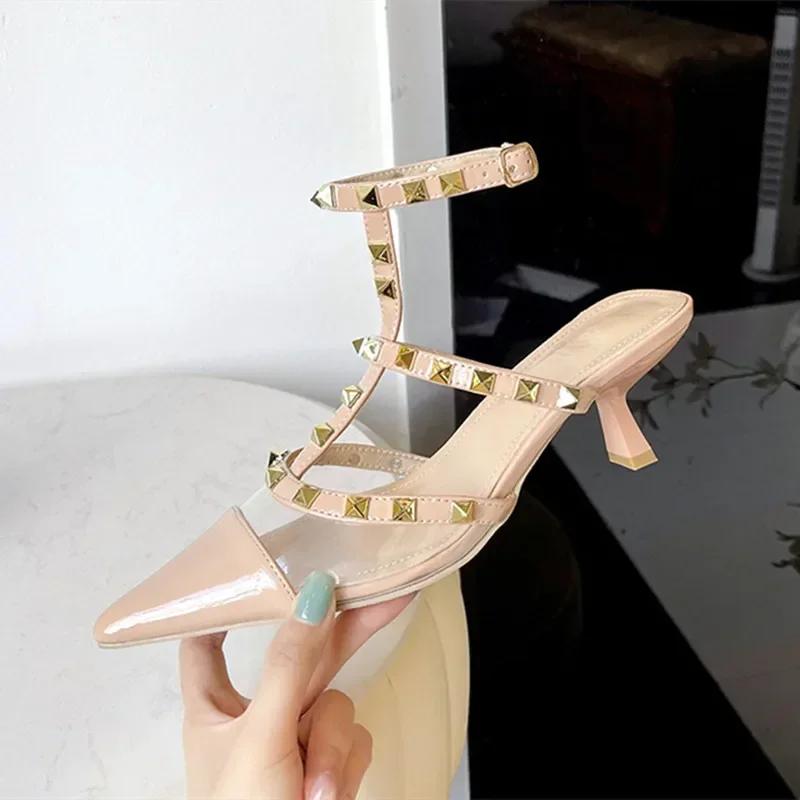 Fashion Original Brand Designer Metal Rivet Decoration High Heels Women Sexy Pointed Toe Patent Leather Ankle Strap Thin Heeled Sandals