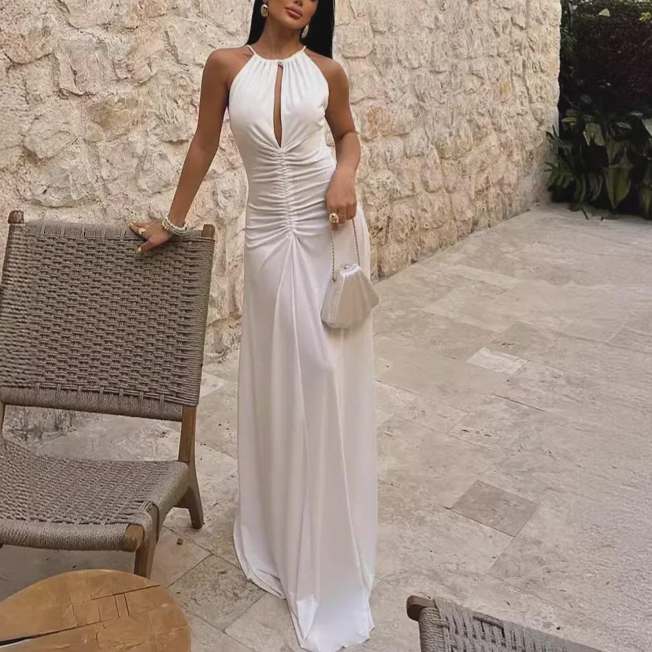 2024 Plissiertes Neckholder Slim Fit Langes Sommerkleid