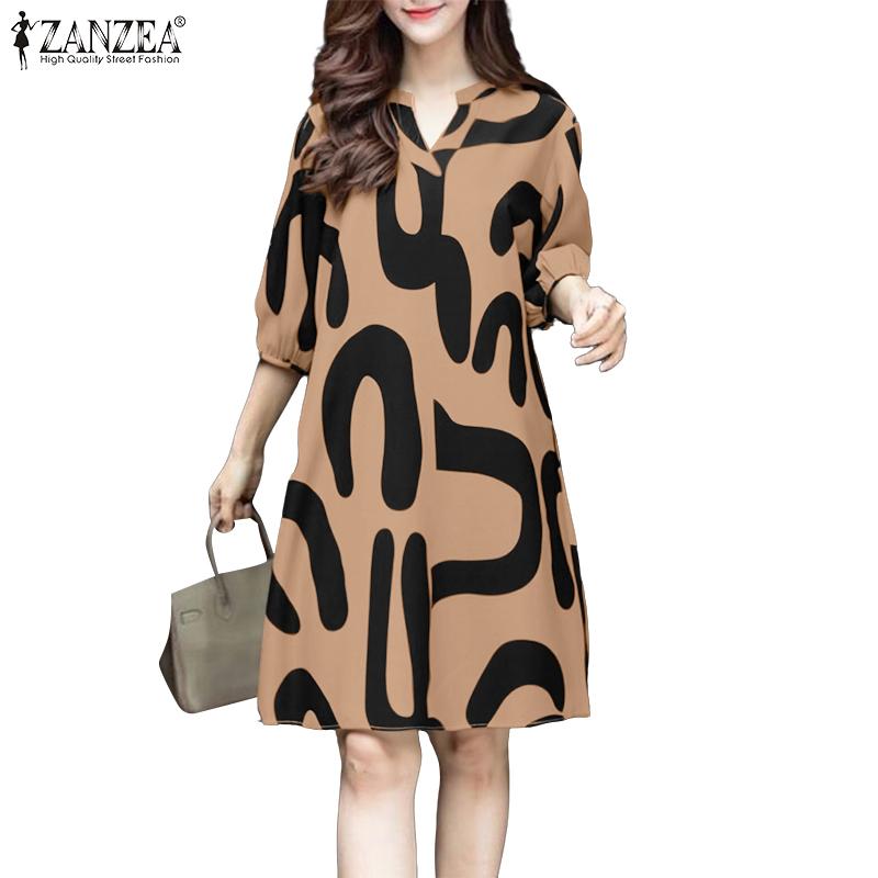 ZANZEA Women Summer V-Neck 3/4 Sleeve Casual Print Dress