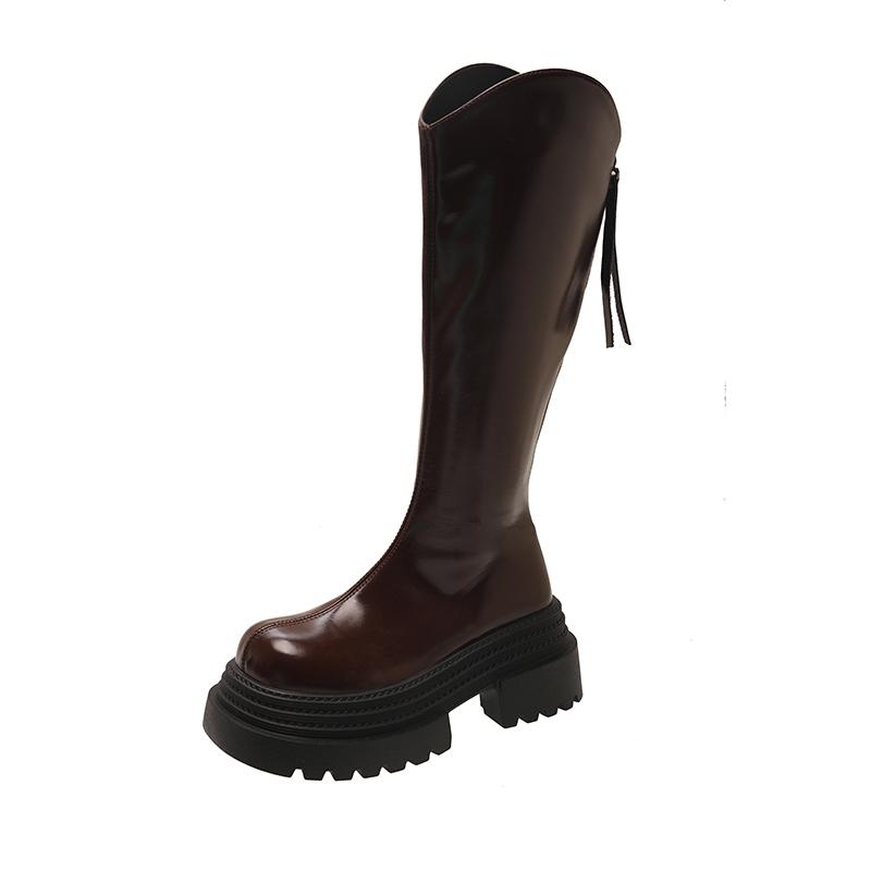 Móda Móda Punkový Styl Dámské Kozačky po Koleno Černé Zip Platforma Silný Podpatek Zimní Dámské Měkká Kůže Rytířské Kotníkové Boty