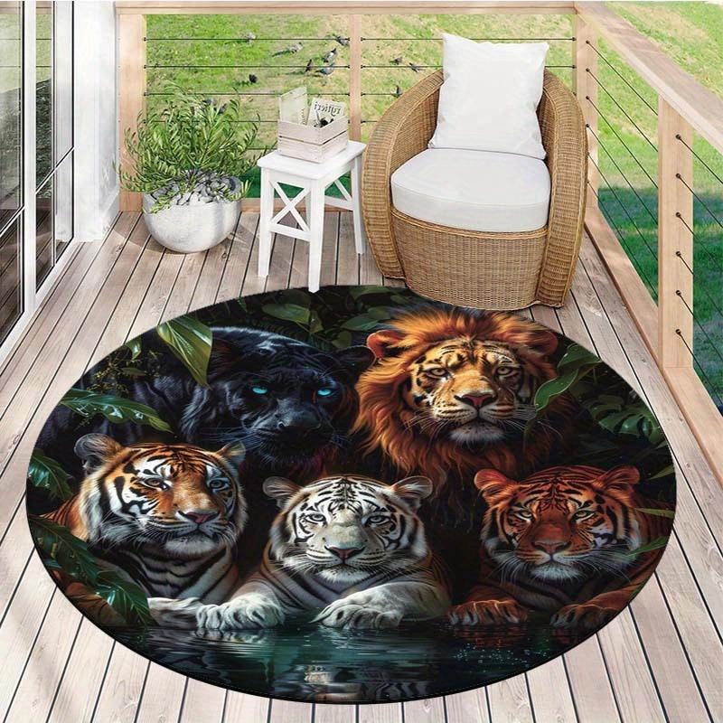 

Lion Tiger Panther Round Rug Flannel Printed Carpet Wildlife Theme Home Decor Cozy Soft Floor Mat Living Room Indoor Use 60CM(23.6inch)