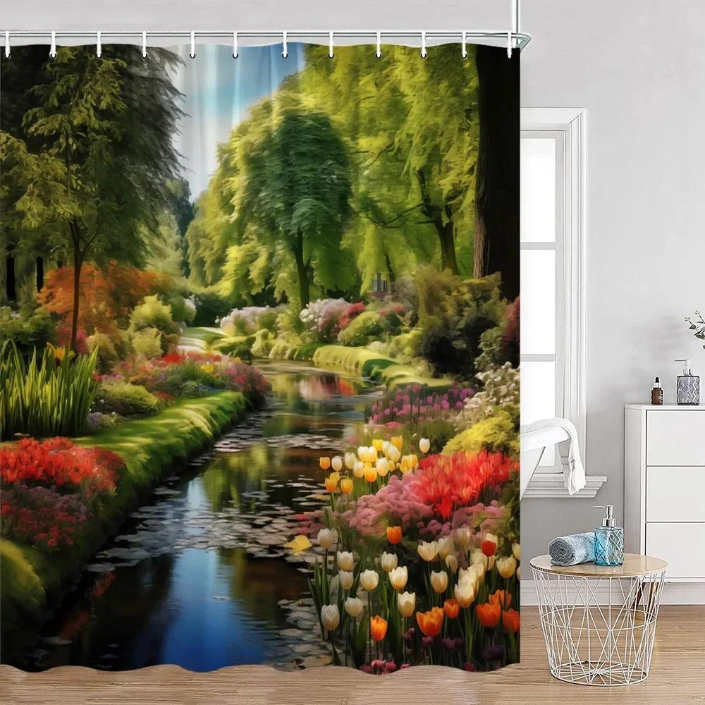Colorful Flowers Green Plants Shower Curtain Trees Spring Landscape River Tulip Bathroom Curtain Polyester Bathroom Decoration