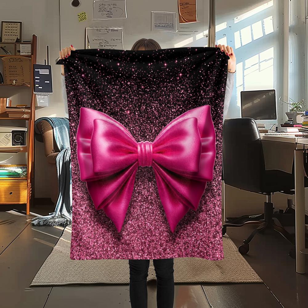 1Pc Pink Bow Print Flannel Blanket, High quality Comfortable for All Seasons, Home Decor, Warmth and Comfort, Perfect for Christmas Gifts W29