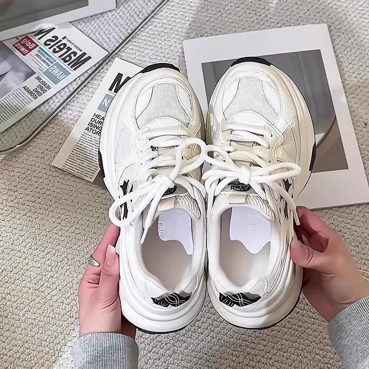 Leather sneakers women's height increase 7.5cm~ Cross flower platform casual sneakers women's dad shoes running shoes