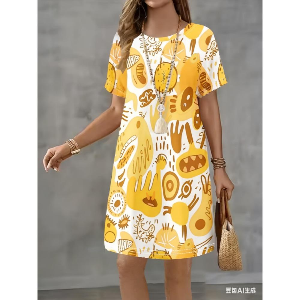 Mini-Kleid mit Rundhalsausschnitt ist für den Sommer und alle Jahreszeiten geeignet.. Es hat einen lockeren Schnitt.
