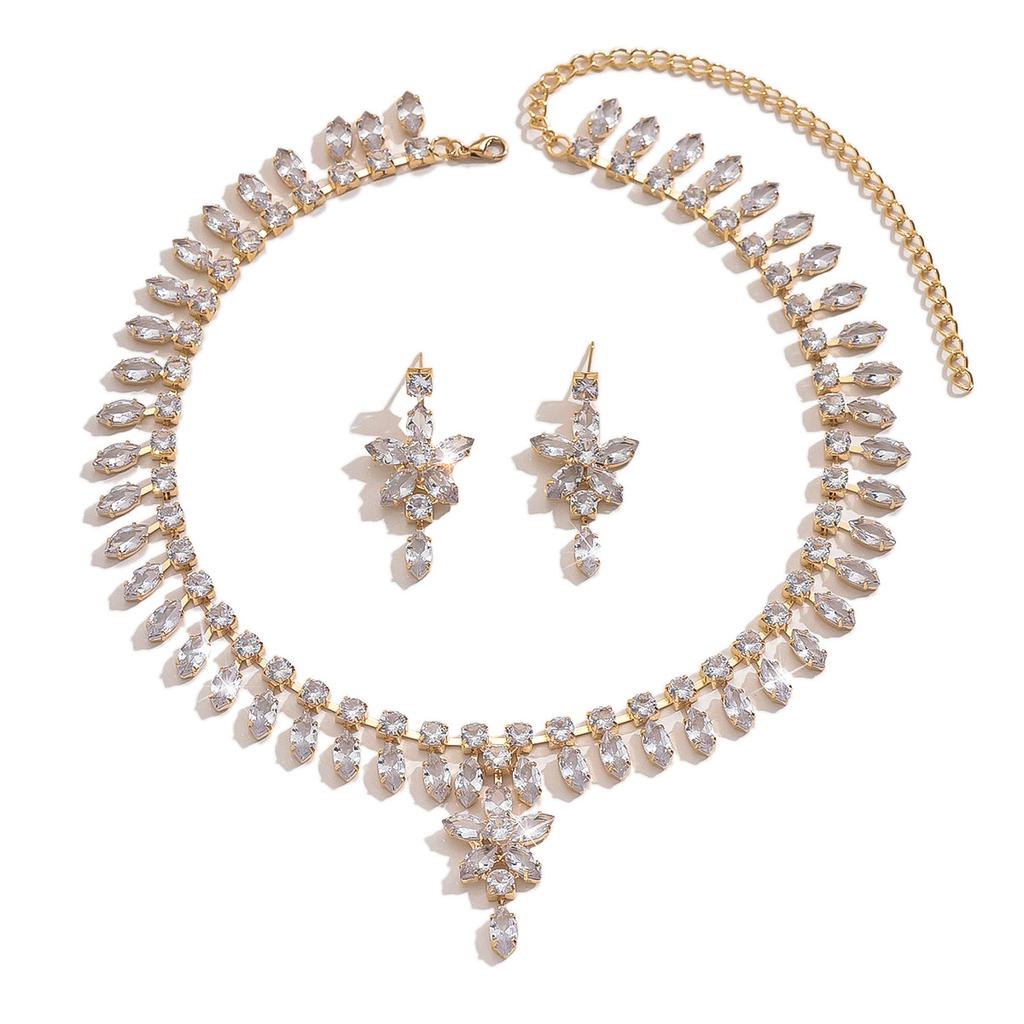 3PC Women's Fashion Zircon Tassel Water Drop Flower Necklace Earrings Zircon Set Wedding Party Festival Gift-8565