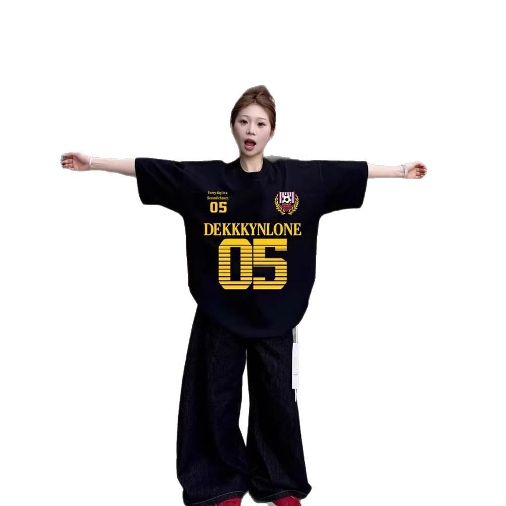 Black Cotton Short-sleeved T-shirt Women's Summer American High Street Trendy Brand Loose Large Size Fat Mm Half-sleeved Design Top