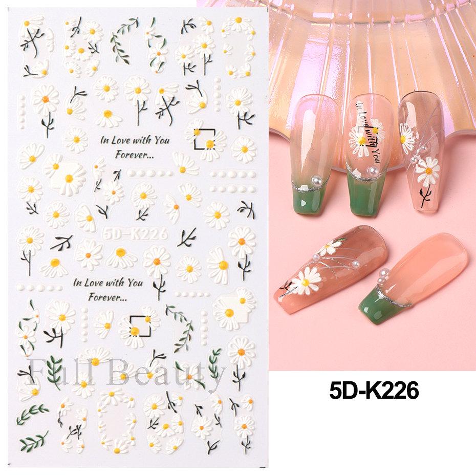 Yellow Mimosa 5D Nail Stickers Embossed Flowers Nails Decals Decor Acrylic Adhesive Sliders Spring Daisy Manicure LA5D-K228