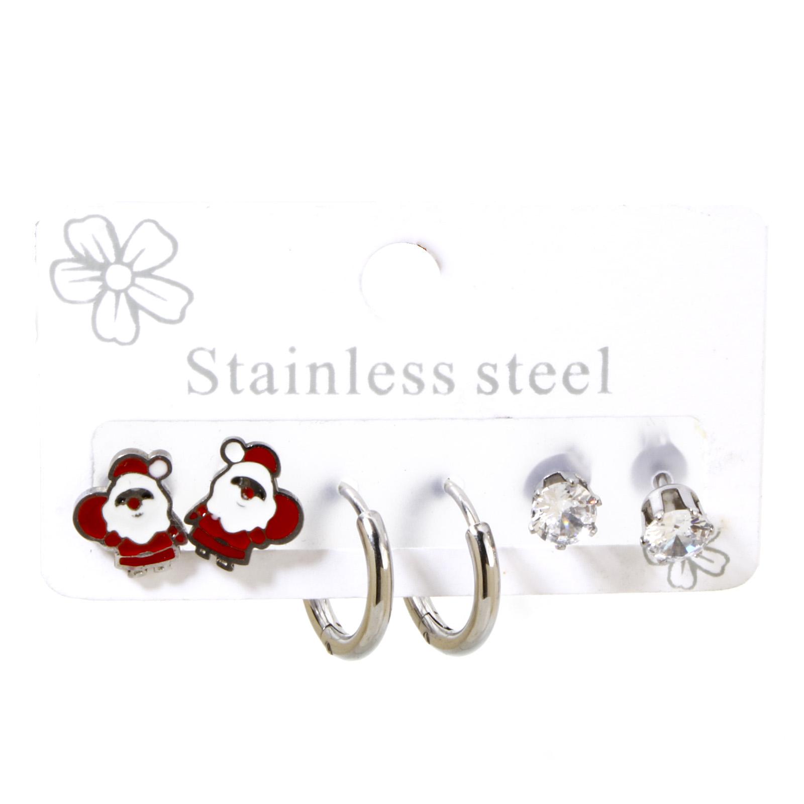 

3 Pair/set 304 Stainless Steel Christmas Ear Post Stud Earrings Set Silver Color For Girl Women Ear New Year Jewelry Gifts