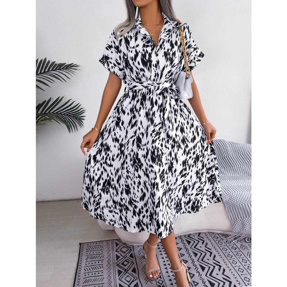 Frühlings- und Sommer-Freizeitkleid mit Leopardenmuster zum Binden für Damen, lockeres Peplum-Freizeitkleid