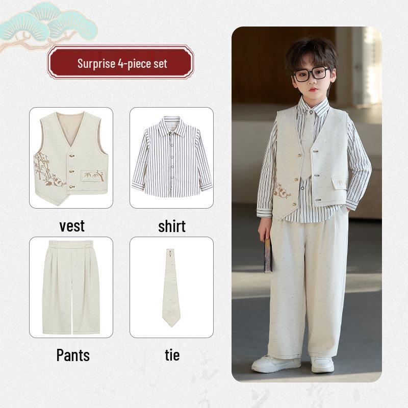 Spring Embroidered Hanfu Vest Set for Boys - Traditional Style Recitation & Performance Outfit