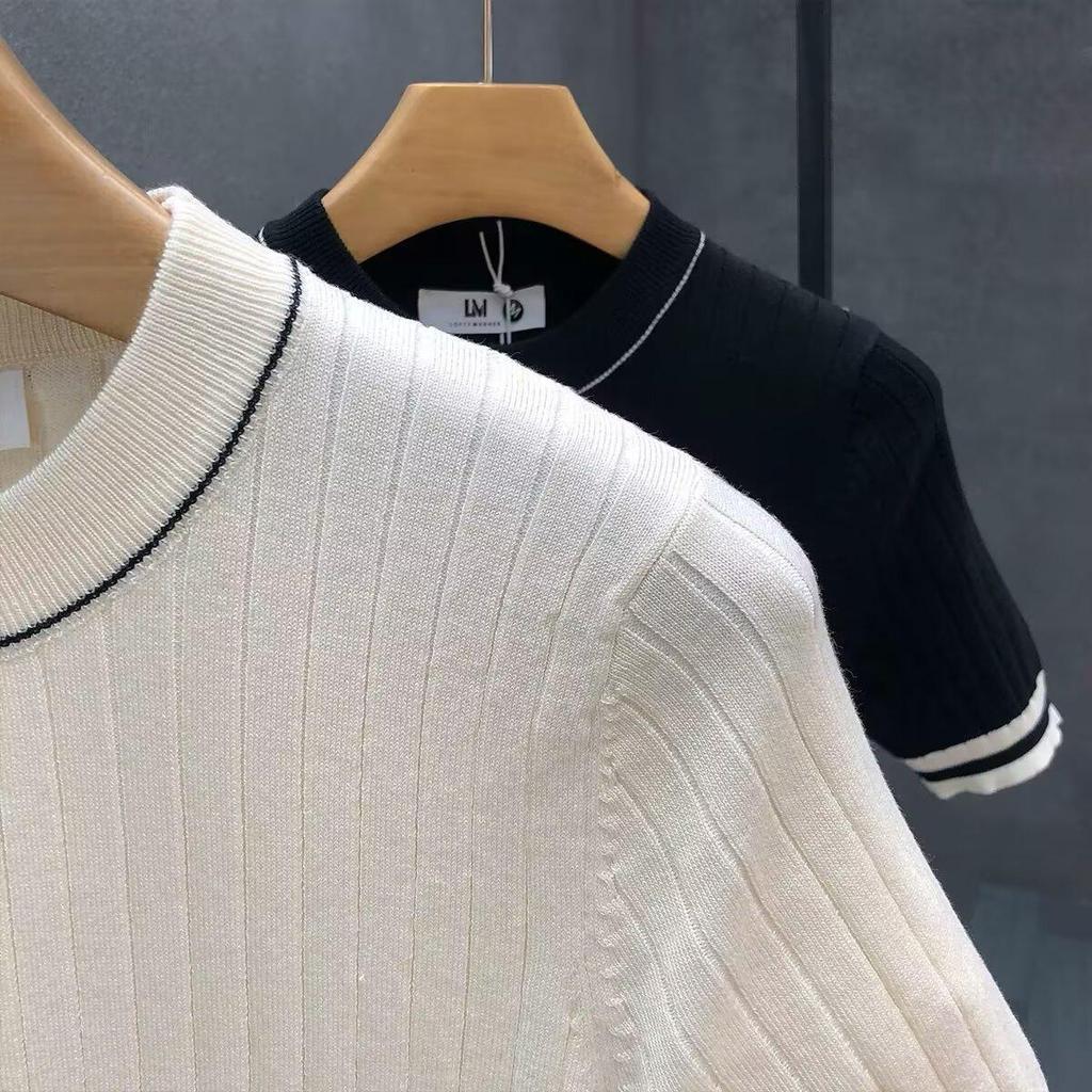 Men's Trendy Summer Breathable Knit Slim Fit Color Block Stripe Short Sleeve T-Shirt