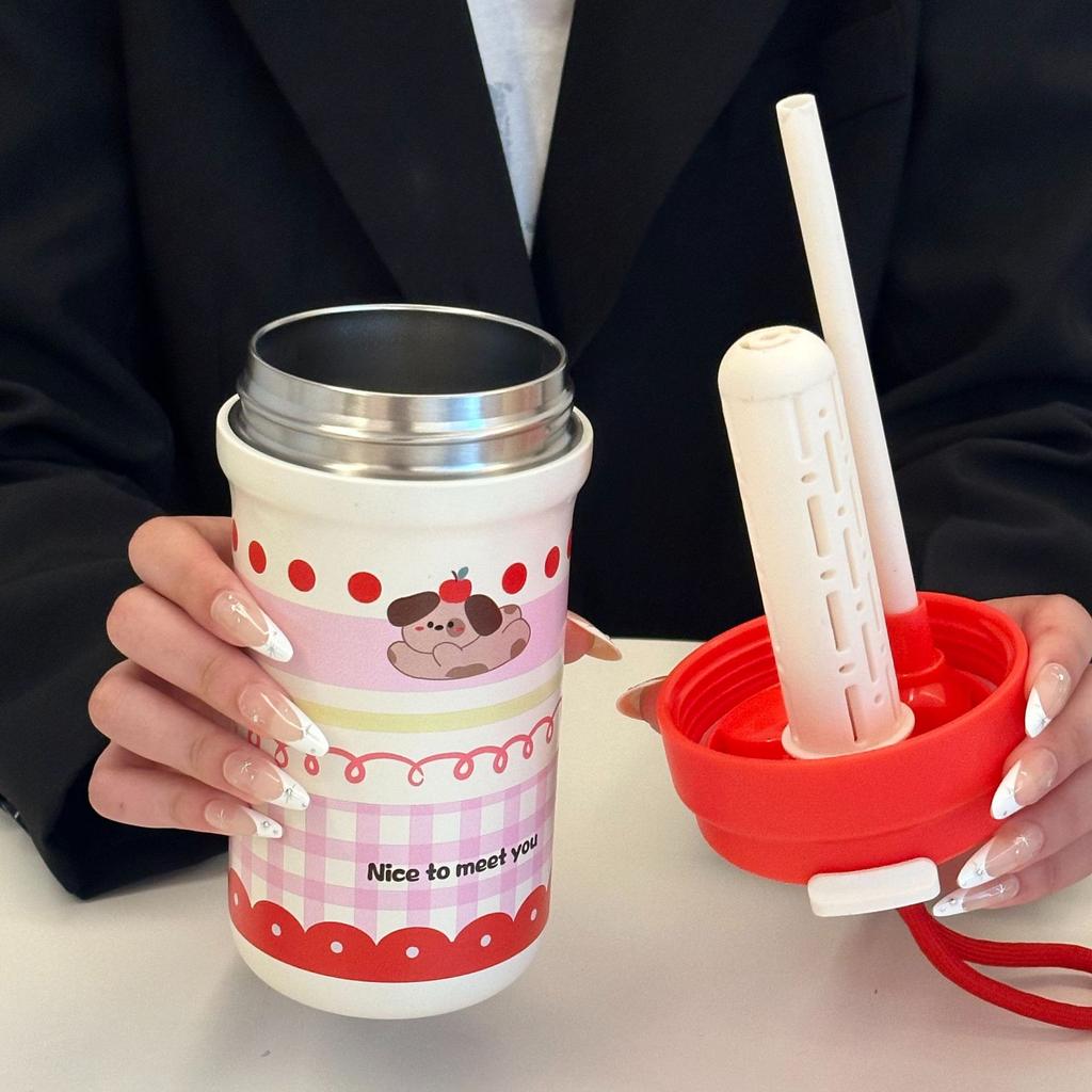 Tecknad söt kaffetermosmugg 316 rostfritt stål medföljande dubbel drickhalmsmugg utomhus bärbar vattenkopp med stor kapacitet