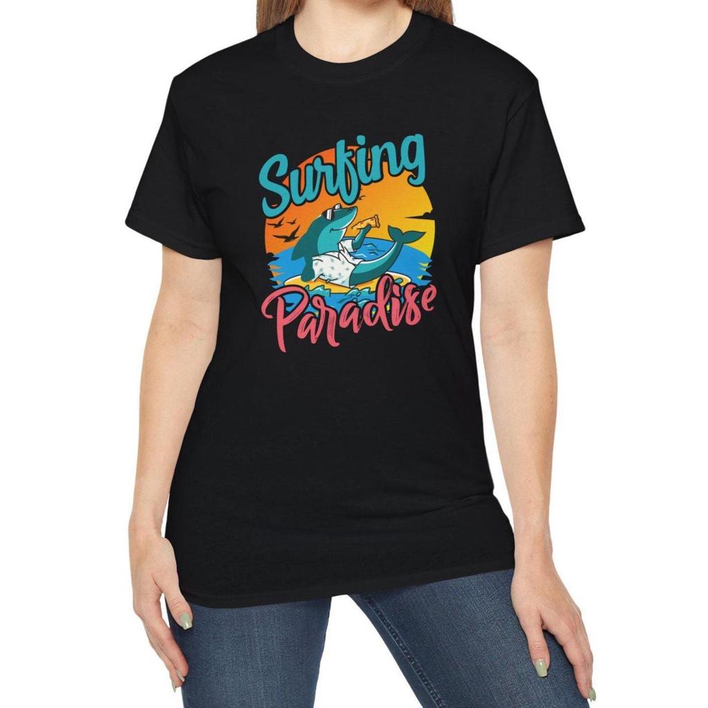 Surfing Paradise T-Shirt | Retro Beach Shark Gift for Family Mom Dad Grandma Grandpa Crew Team Party Tee