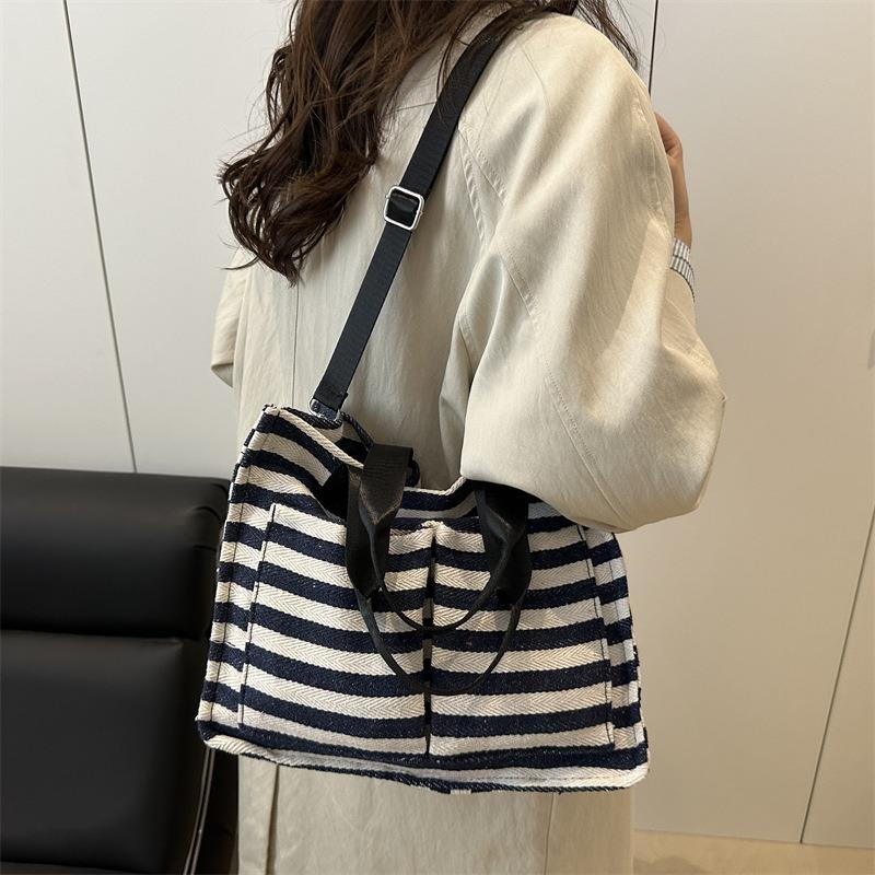 Literary Contrasting Color Canvas Bag Spring and Summer New Tote Bag Large Capacity Shoulder Underarm Striped Beach Bag
