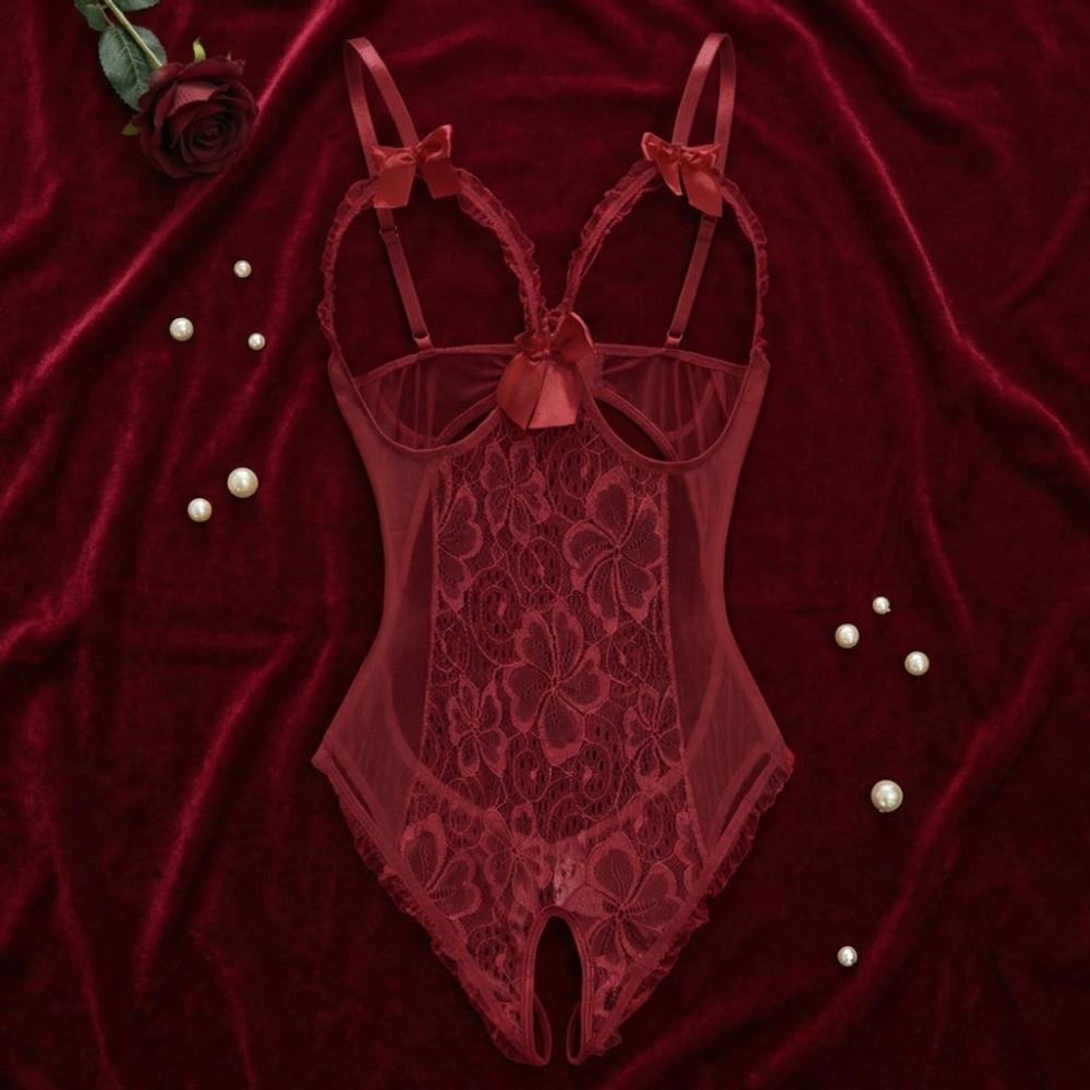 Deep V Women Underwear Open Crotch Lace Sling Nightwear Sweet Lace Bow Bodysuit Gifts
