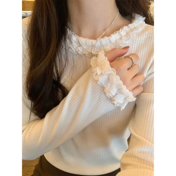 De Róng Women s Korean Style Knit T-Shirt - Autumn Lace Round Neck Slim Fit Base Layer Medium кремовый/белый